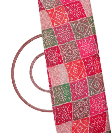 pink colour bandhani pattern checks print kota doria fabric